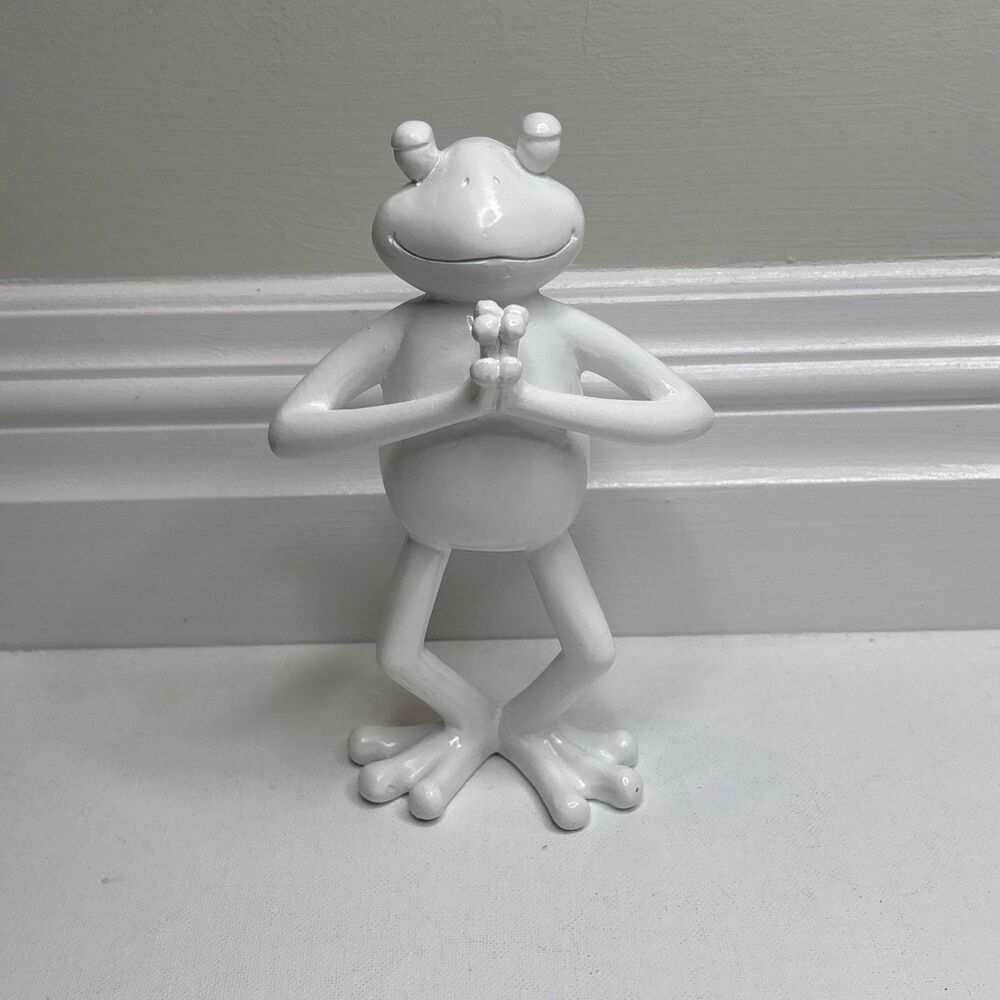 White Yoga Frog Figurine Namaste Meditation Prayer Pose Whimsical Home Decor
